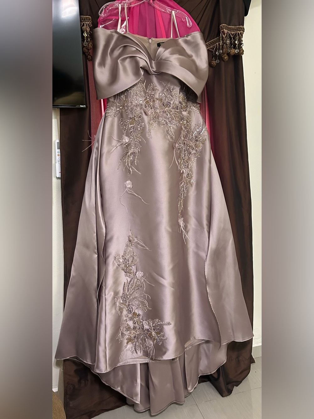 Terani Couture Taupe Satin Maxi Skirt with Embroidered